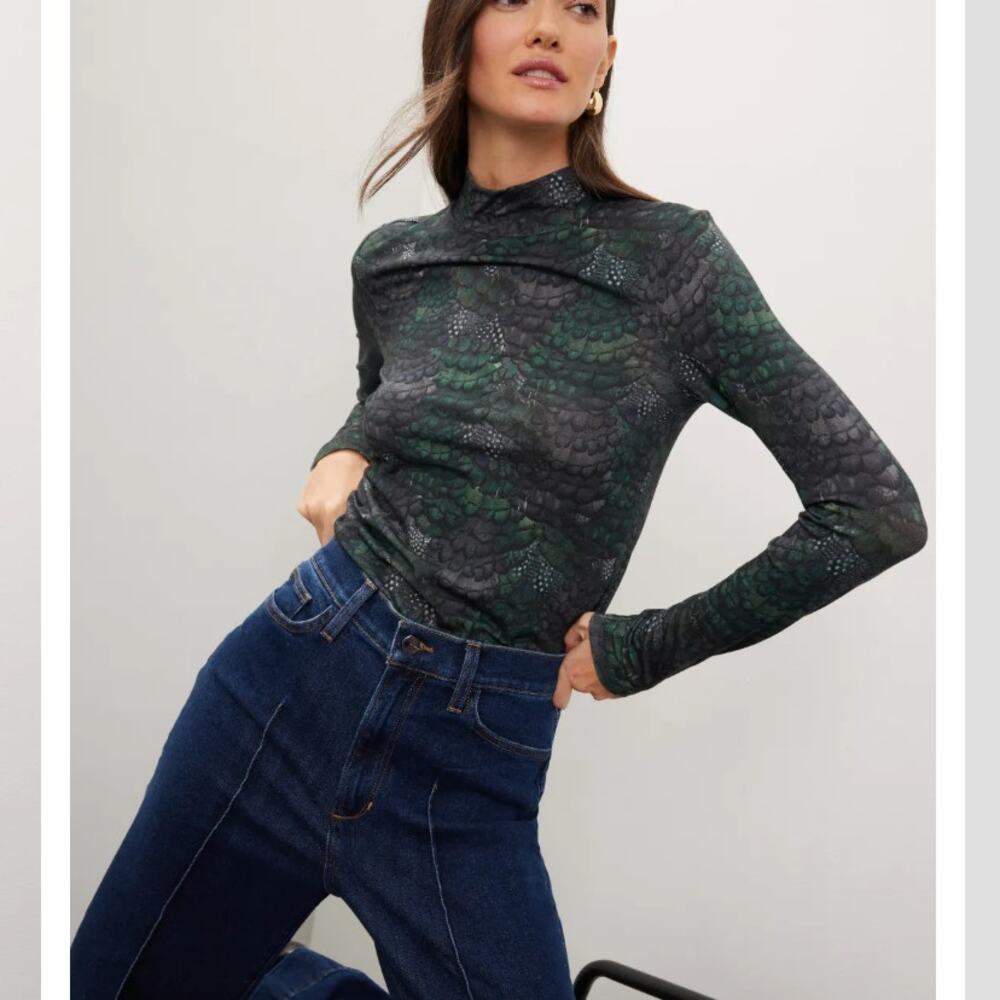 Scotch & Soda Blue Green Mockneck Top LARGE Work Cotton Snakeskin Python $80 - Picture 3 of 11